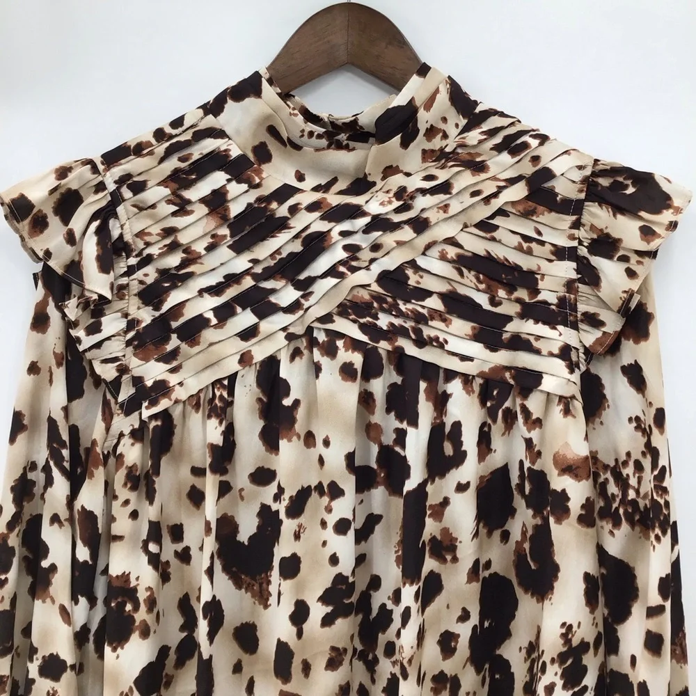 Entro Cow Print Ruffled Long Sleeve Mini Dress - Picture 4 of 16